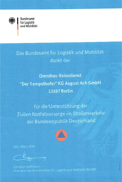 Urkunde des Bundesamtes für Logistik und Mobilität für Tempelhofer Reisen